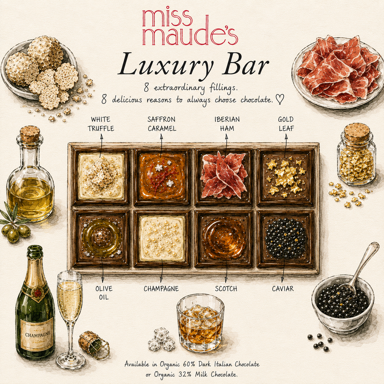 A styled product graphic for Miss Maude's Luxury Bar featuring a central chocolate bar with eight flavor compartments labeled White Truffle, Saffron Caramel, Iberian Ham, Gold Leaf, Champagne, Scotch, Caviar, and Olive Oil, surrounded by illustrated ingredients and serving props on a cream background.