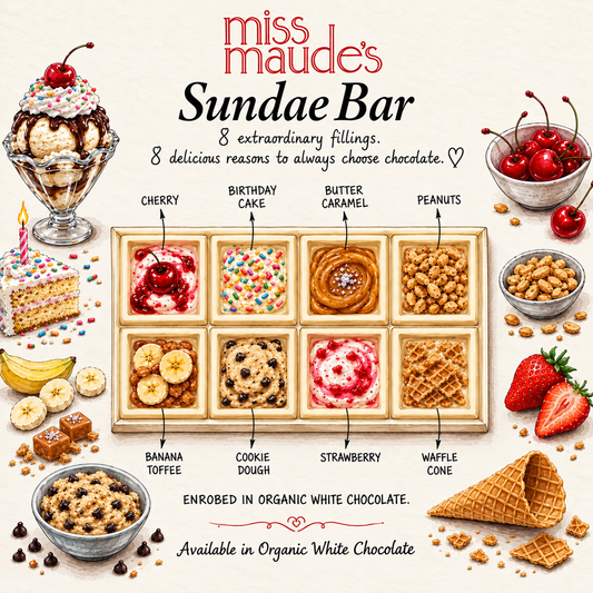 Promotional graphic for Miss Maude's Sundae Bar, featuring a central grid of eight chocolate-filled waffle cones with labeled flavor options like cherry, birthday cake, butter caramel, peanuts, banana toffee, cookie dough, strawberry, and waffle cone. The design is decorated with illustrated desserts, cherries, strawberries, and chocolate pieces on a cream background.