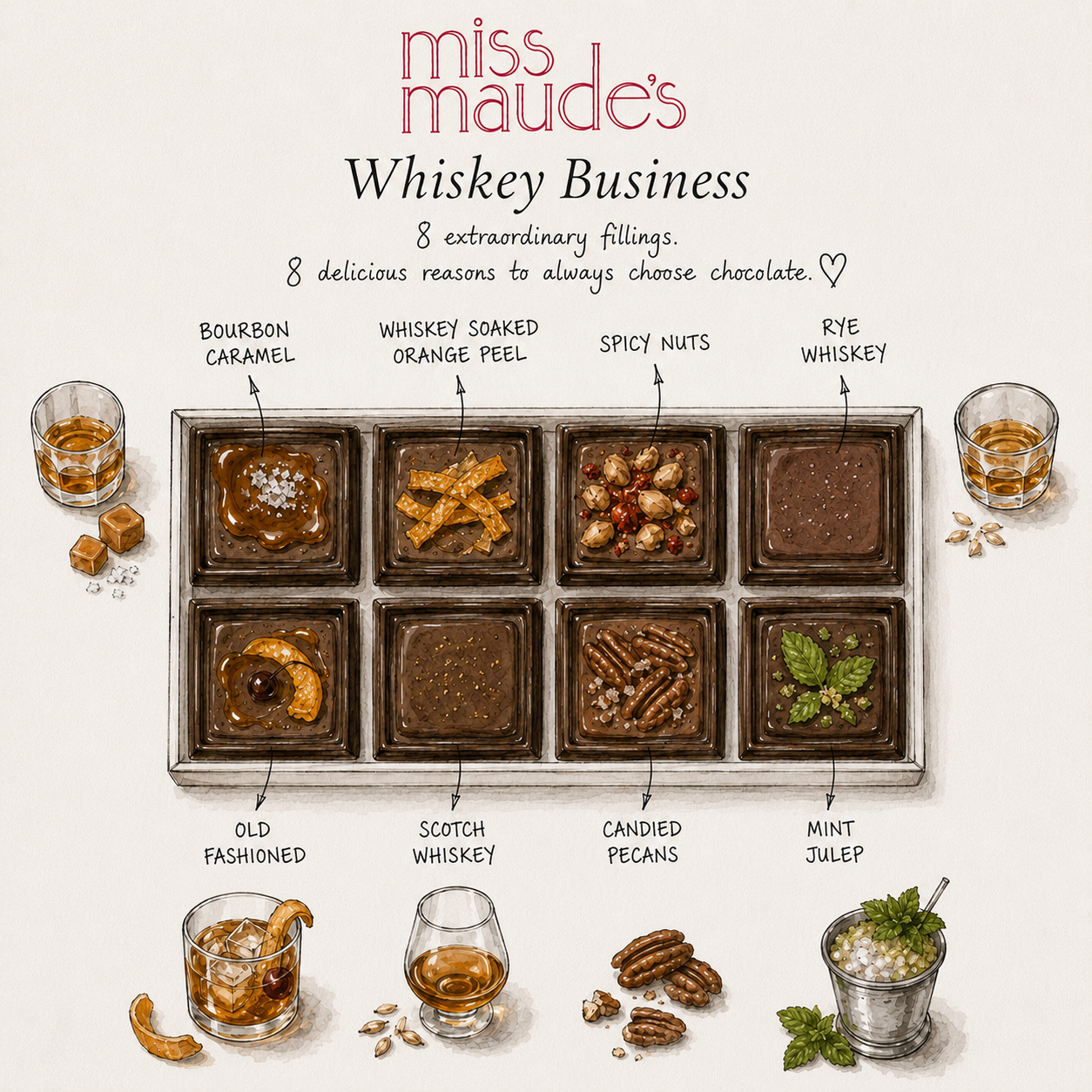 Illustrated promotional graphic for Miss Maude's Whiskey Business, showing a tray of eight gourmet chocolate squares with labeled fillings and surrounding whiskey glasses on a cream background.