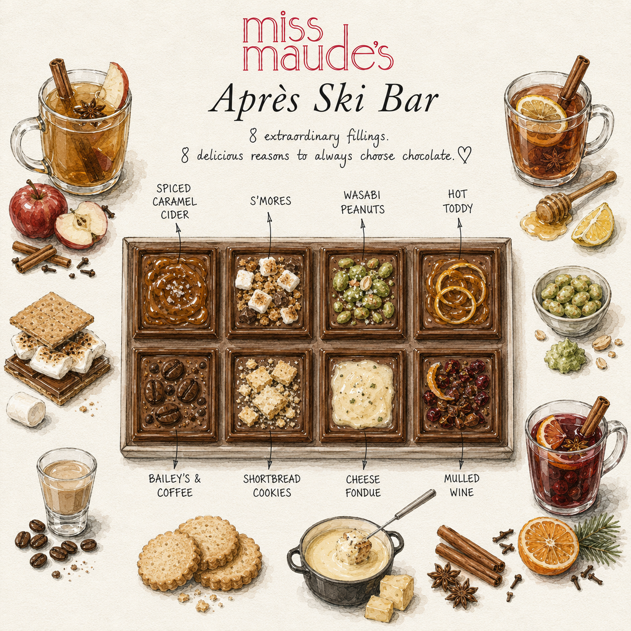 A stylized illustrated menu board for Miss Maude's “Après Ski Bar,” showing a central 8-slice chocolate bar with labeled fillings such as spiced caramel cider, s'mores, wasabi peanuts, hot toddy, Bailey's coffee, shortbread cookies, cheese fondue, and mulled wine. Surrounding the board are cups of hot drinks, cookies, candy canes, cinnamon sticks, and fruit on a cream background.