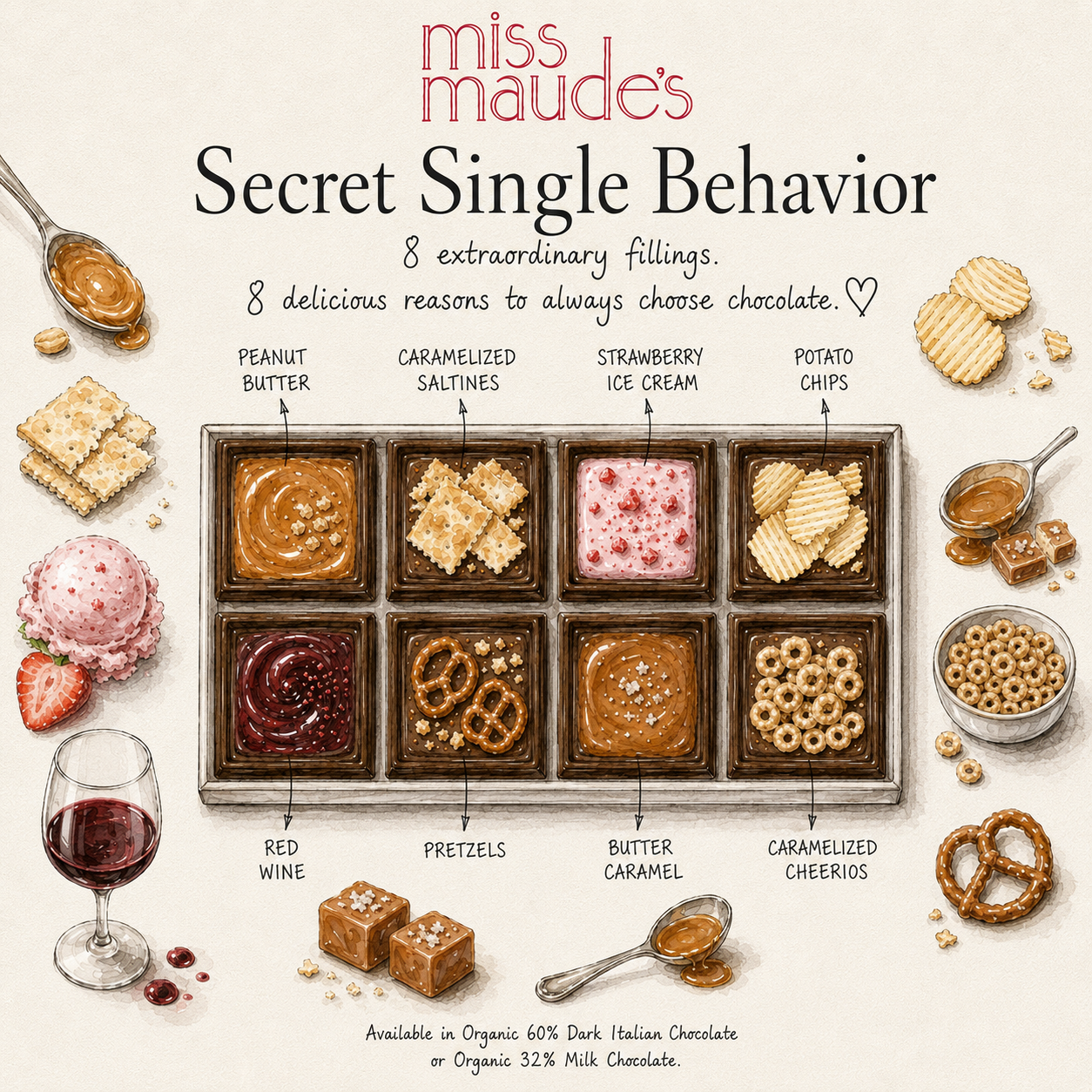 Promotional graphic for Miss Maude's Secret Single Behavior chocolate, showing a 2x4 grid of eight different chocolate fillings with labels such as peanut butter, caramelized saltines, strawberry ice cream, and potato chips. The design is decorated with illustrations of chocolate-dusted cookies, pretzels, ice cream scoops, a glass of red wine, and a spoonful of caramel on a warm cream background.