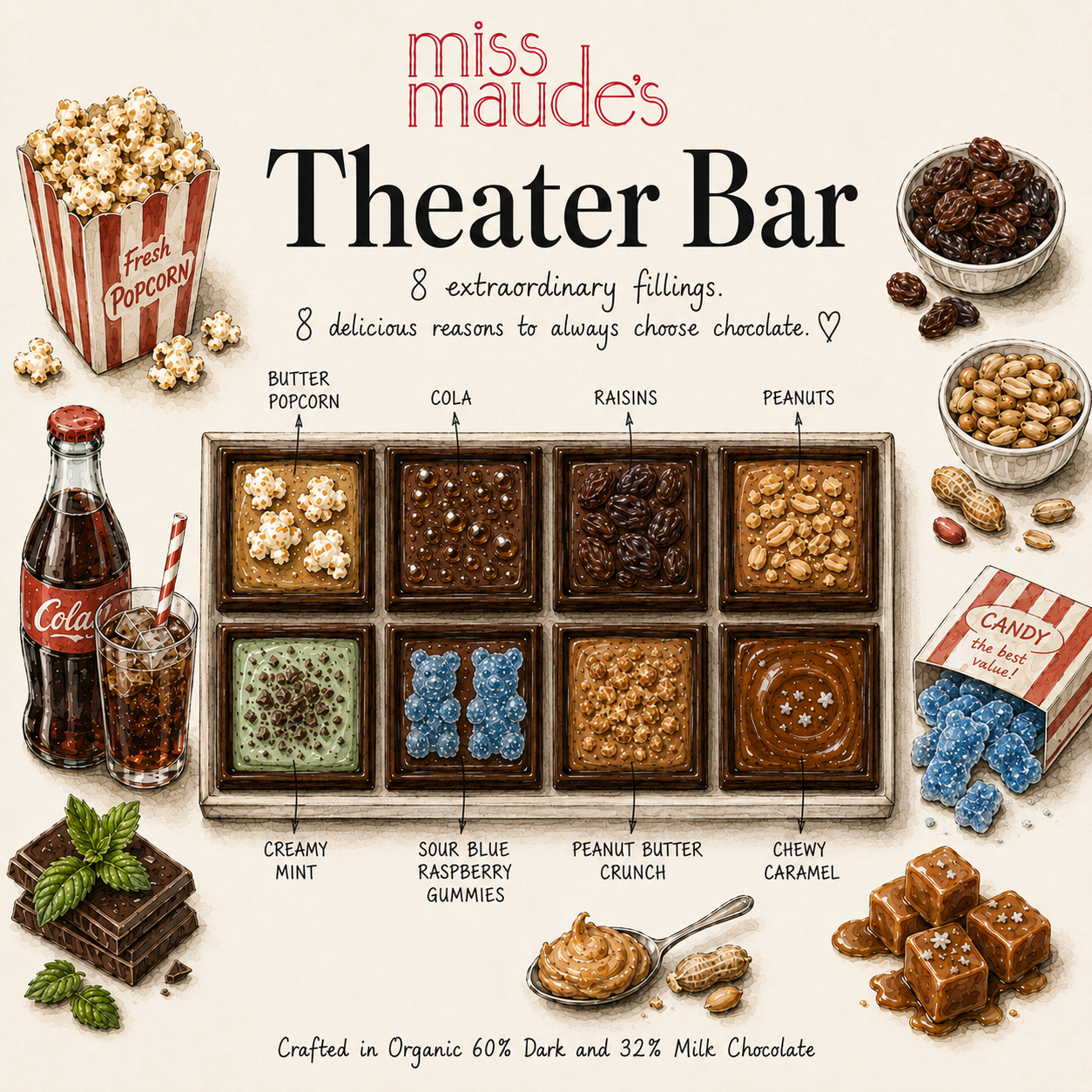 Promotional graphic for Miss Maude's Theater Bar chocolate, featuring a central 2x4 tray of assorted chocolates with labels for butter popcorn, cola, raisins, and peanuts, surrounded by illustrated candy and snack props on a cream background.