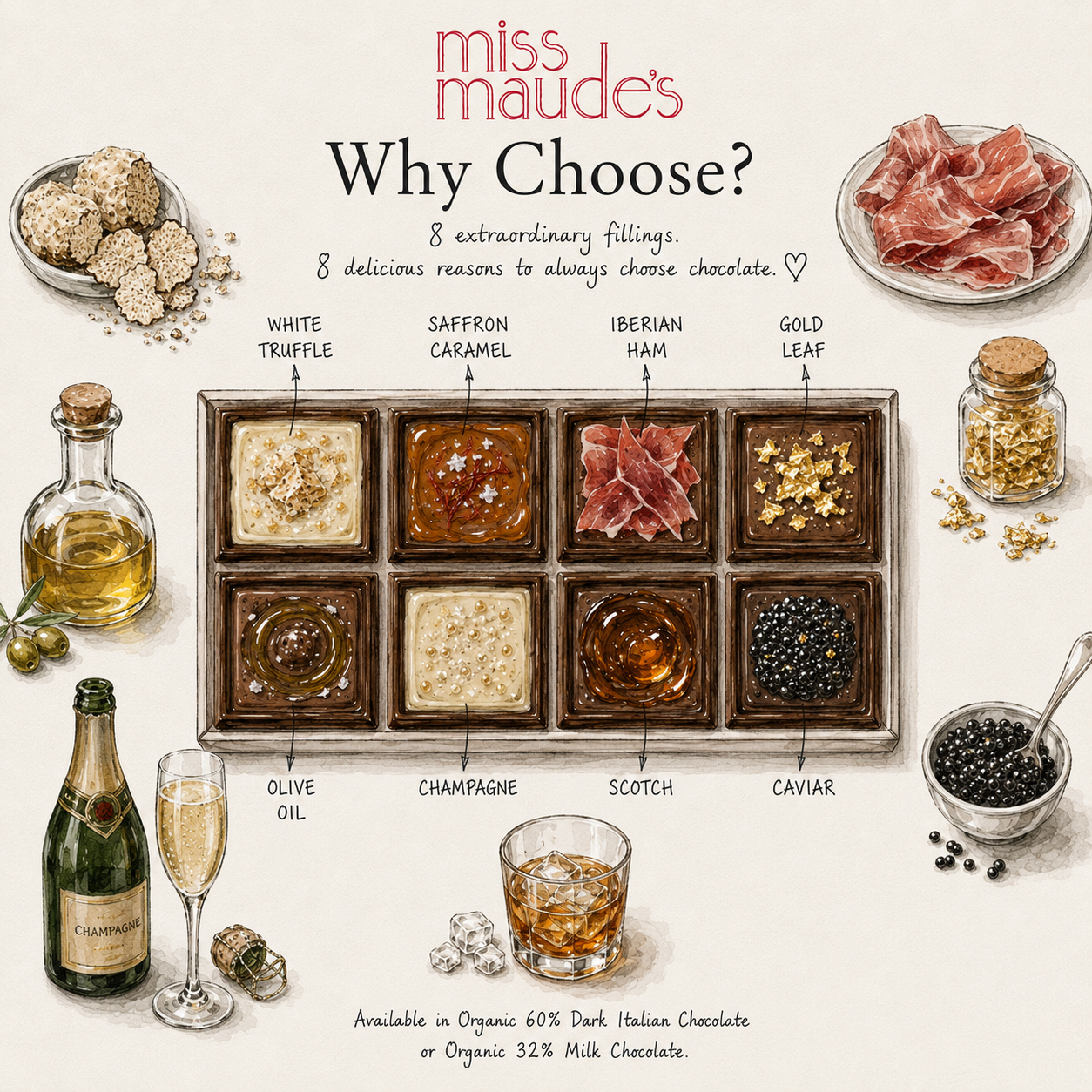 Promotional graphic for Miss Maude's chocolate selection, featuring a central 2x4 chocolate tray with eight different gourmet fillings labeled White Truffle, Saffron Caramel, Iberian Ham, Gold Leaf, Olive Oil, Champagne, Scotch, and Caviar. The background is cream-colored with illustrations of ingredients like cured meats, olive oil, champagne, and a bottle of Cava around the product.